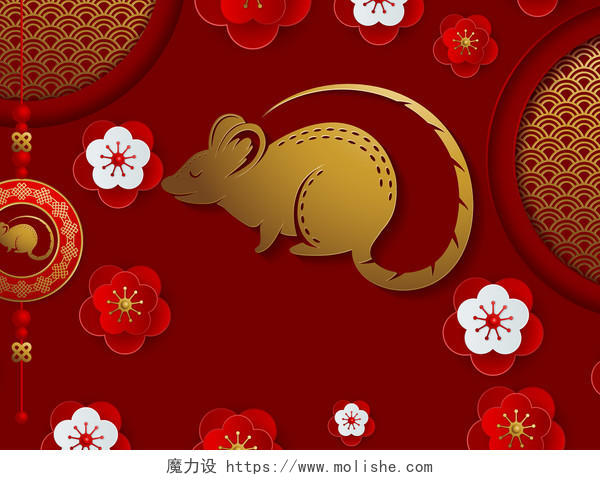 红色剪纸鼠年新年背景矢量素材